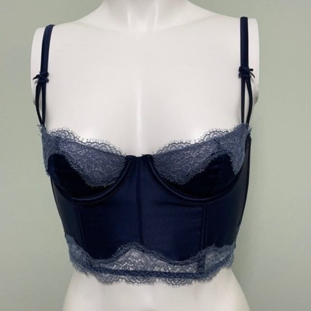 Victoria’s Secret Blue Satin and Lace Bustier Bra Top in Navy Blue Size 34C NWT